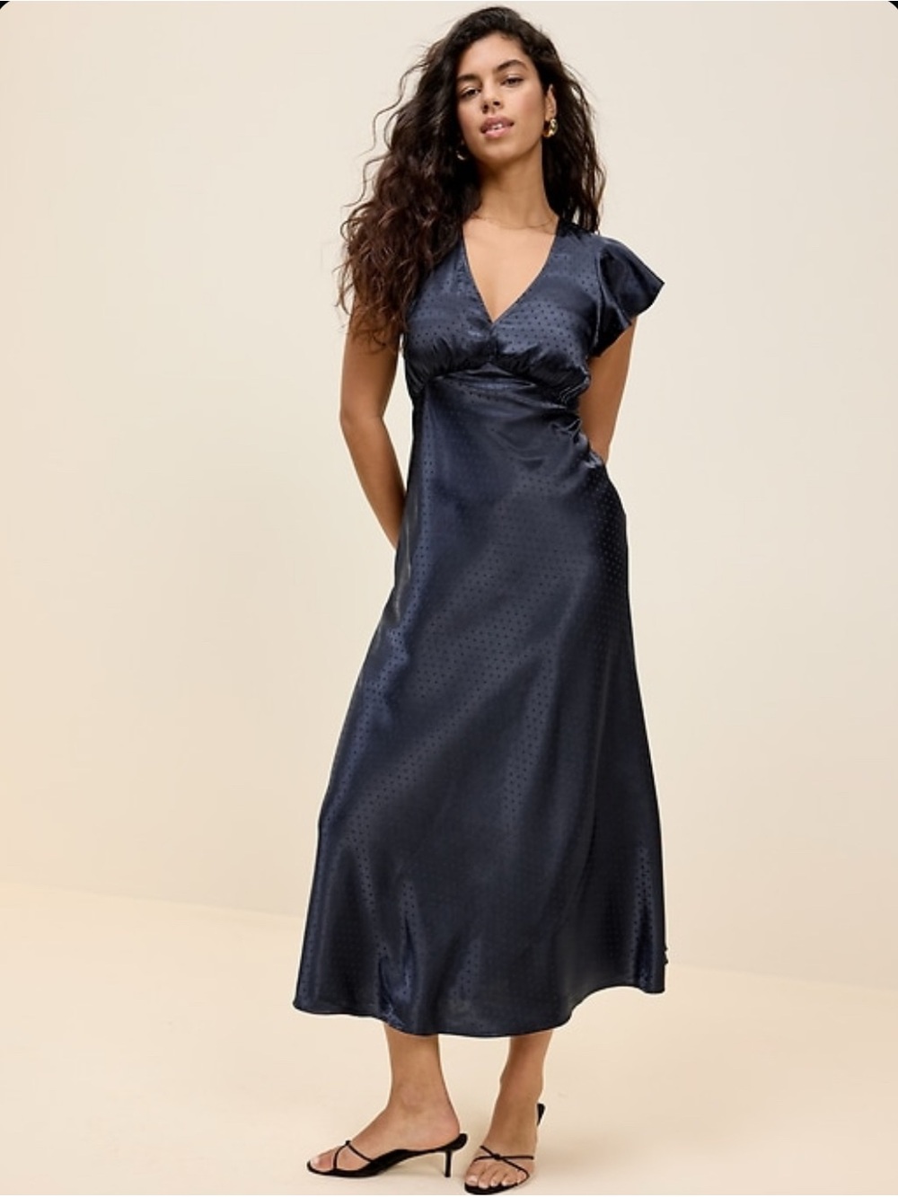 Old Navy Navy Satin V-Neck Midi with Subtle Dot Texture
